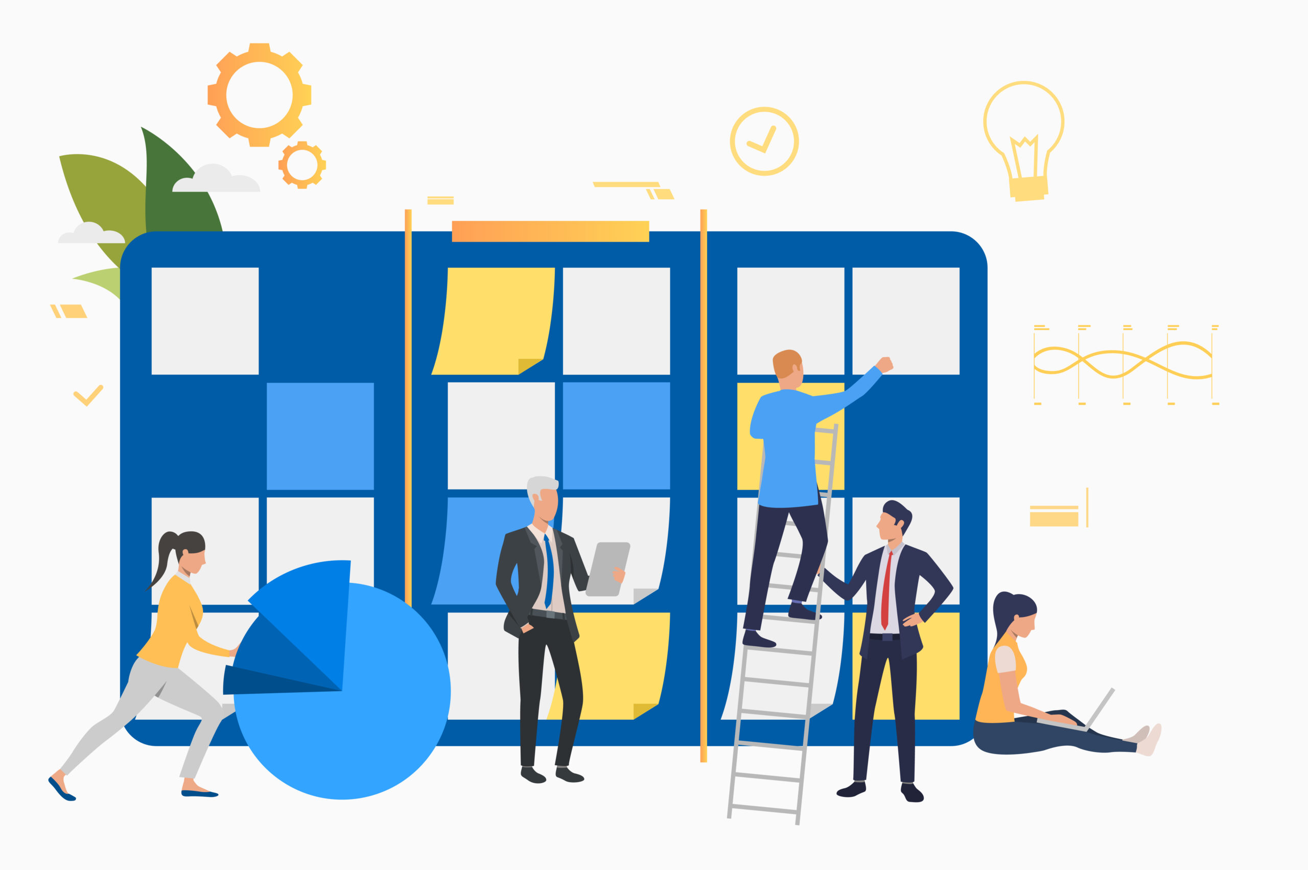 riunione di kickoff: grafica con persone che "creano" lo schermo di un pc attraverso grafici e postit